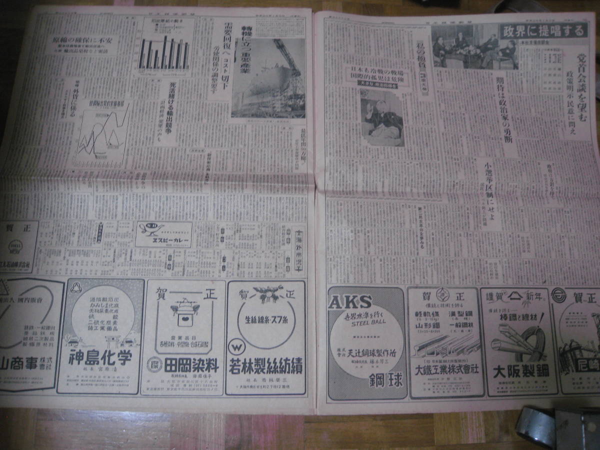 ■即決価格　送料込み金額　日本経済新聞 昭和29年1月3日 日刊 経済外交飛躍を期す　日立製作所 ◆古新聞◆_画像3