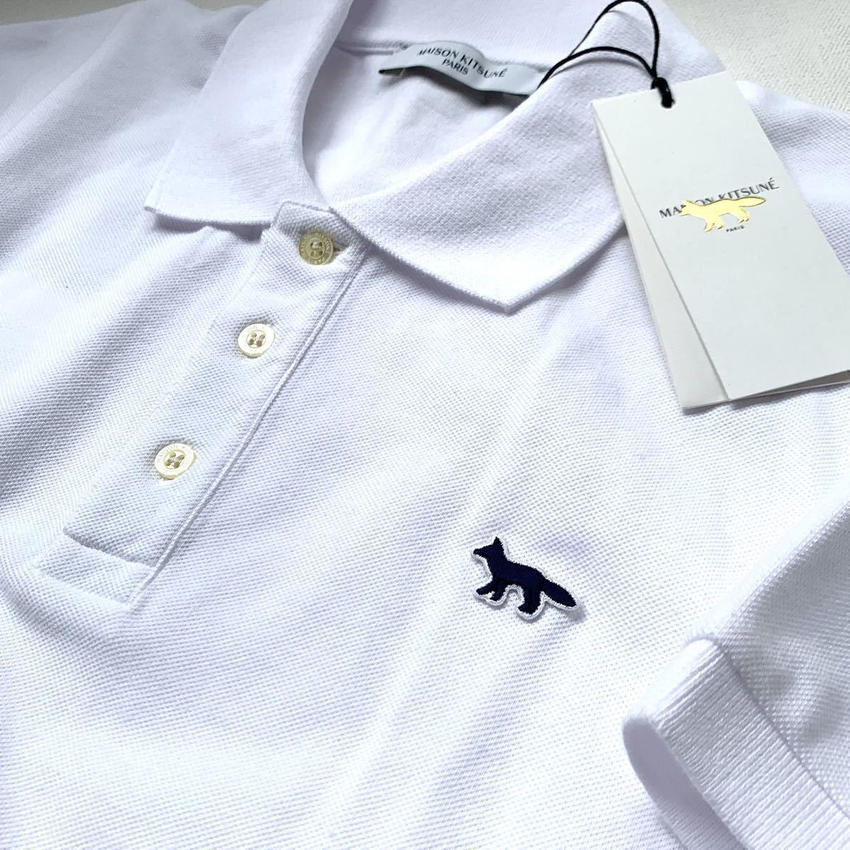 S 新品 メゾンキツネ MAISON KITSUNE ネイビーフォックスパッチ コットンピケ 半袖 ポロシャツ 白 メンズ 刺繍 レディースにも 送料無料_画像3