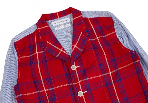 コムデギャルソン シャツ フロントタータンチェック切替ストライプシャツジャケット 赤青S 【メンズ】_画像2
