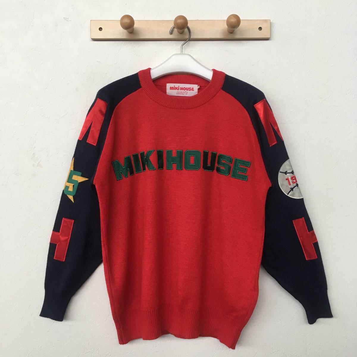 MIKI HOUSE ミキハウス メンズ 切り替えニット 長袖セーター ワッペン付き 良品 size M/L