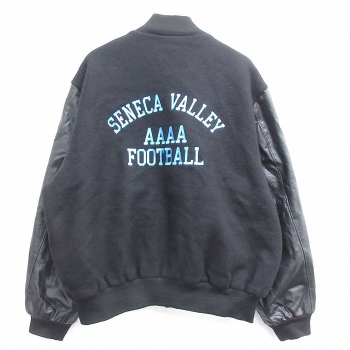 XL/古着 ホロウェイ 長袖 スタジャン メンズ 90s SENECA VALLEY フットボール 刺繍 大きいサイズ ウール 黒 ブラック 内側キルティング 23o