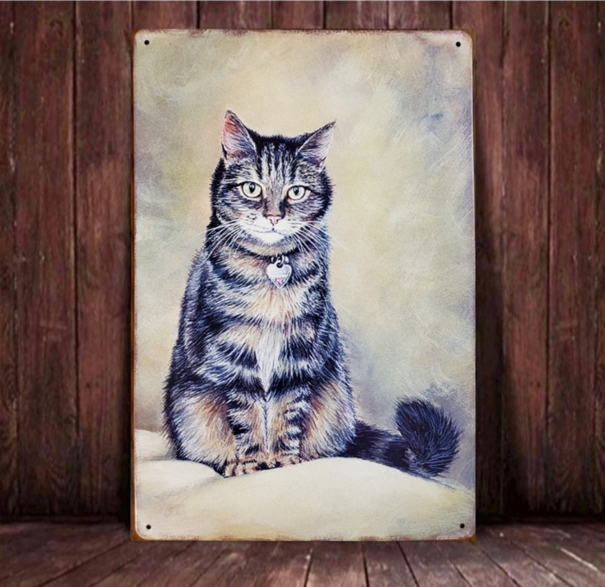 ブリキ看板　HANAKO　レトロ　猫の看板　P12　サバトラ　ウェルカムボード_画像1