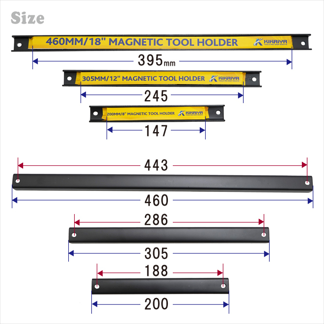 マグネットツールバー 200／305／460mm 各2個 計6個セット 壁掛け ツールホルダー 磁石 工具 壁面収納　KIKAIYA_画像5
