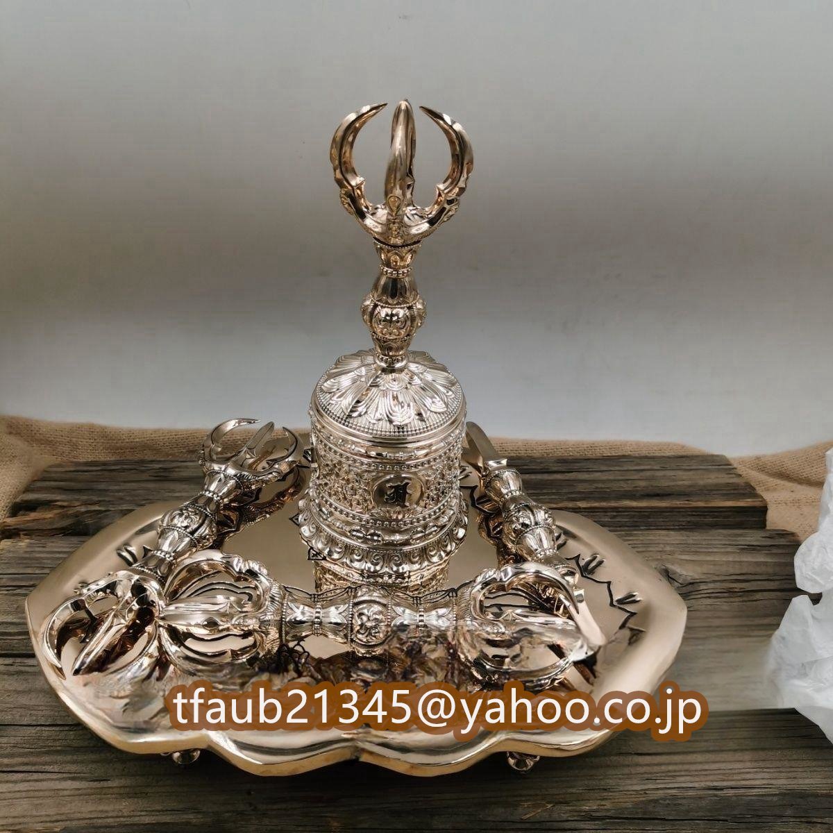 「密教法具 寺院用仏具」極上品 真言宗 鬼面型 独鈷杵/三鈷杵/五鈷杵/五鈷鈴/金剛盤 5点 仏具 銅製 磨き仕上げ 長さ16cm