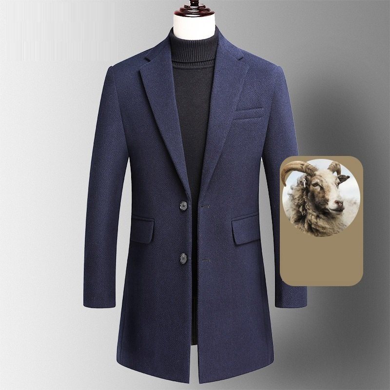 超美品 メンズ ロングコート 厚手 ウール テーラードジャケット 薄い綿入り 高級 セレブ カシミヤ混 紳士スーツ ★ネイビー/3XLサイズ