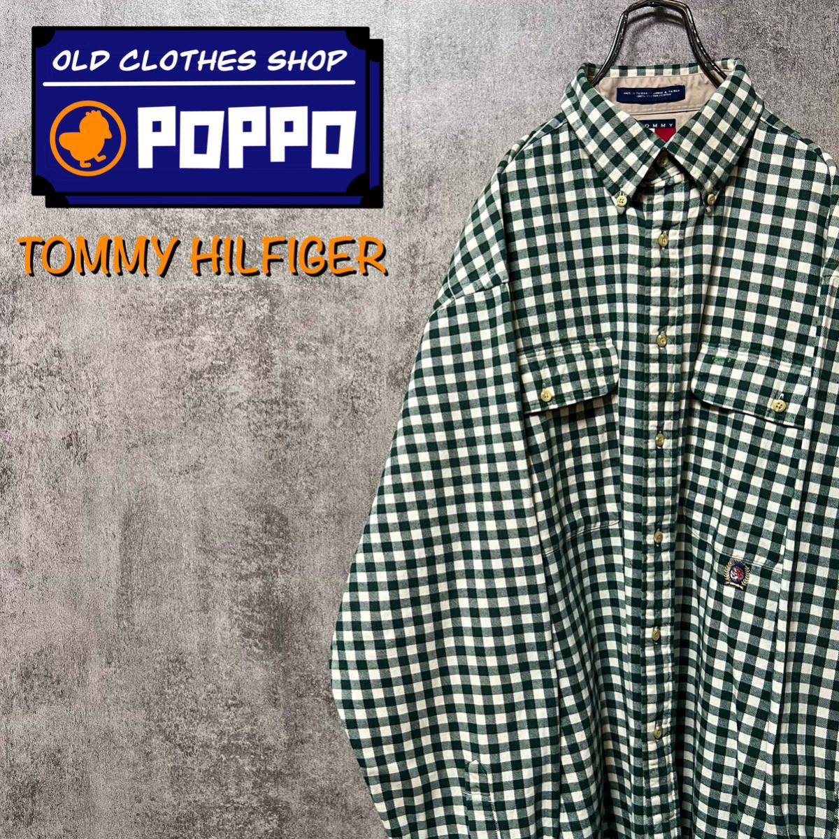 トミーヒルフィガー 刺繍ロゴWポケットギンガムチェックネルシャツ 90s