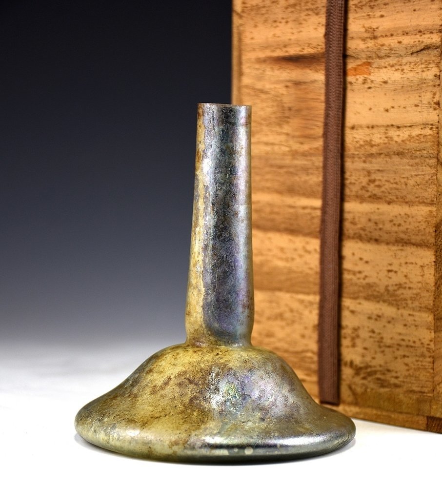 【蔵c8372】古代ローマンガラス　銀化薄手瓶　香油瓶　一輪挿し　用心箱　本物保証