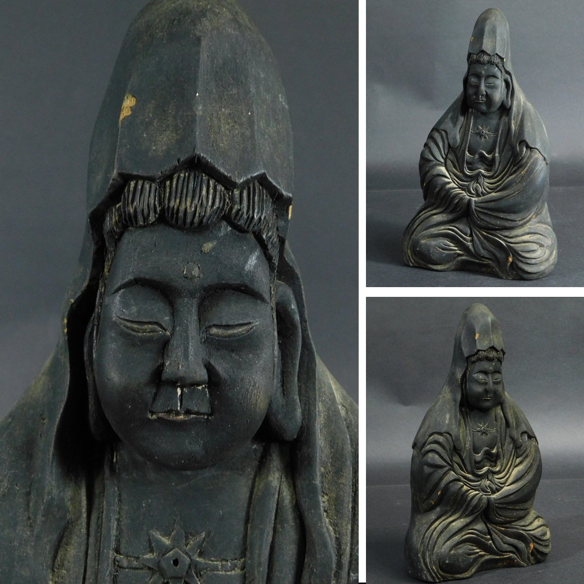 時代木彫 観音仏 仏像 細密彫 置物 仏教美術 旧家遺品整理放出品 ka231048