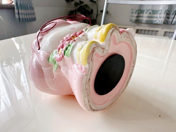 昭和レトロ メガネの女の子 貯金箱 ピンク 未使用品 経年品 陶器製_画像7