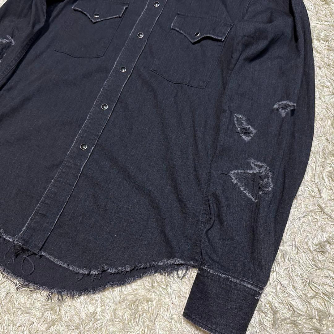 美品 サンローラン クラッシュリペア デニムシャツ ボロ ブラック XS-