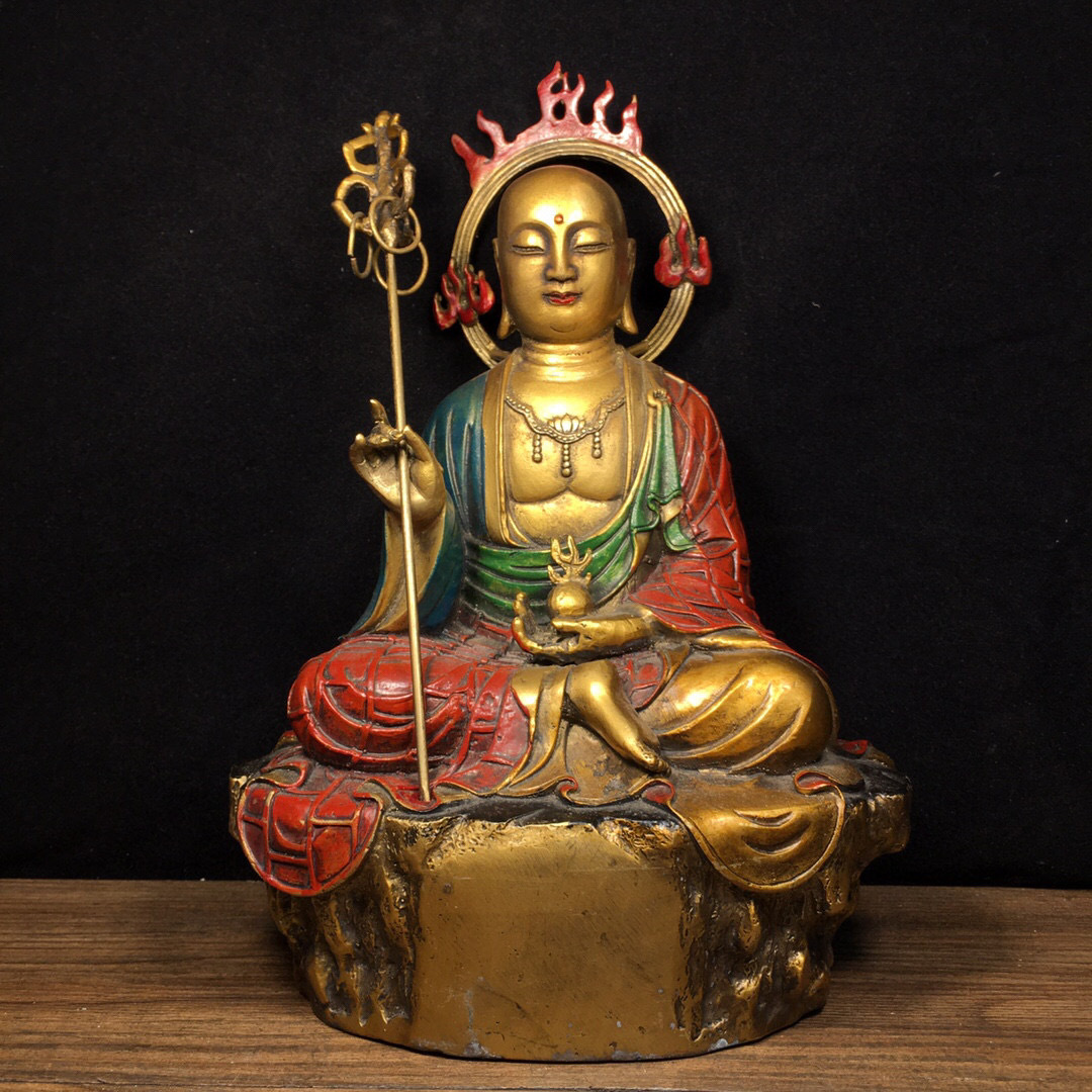 人気商品 『館蔵珍品 銅製 金鍍 彩繪 地藏王菩薩像』置物 賞物 貴重