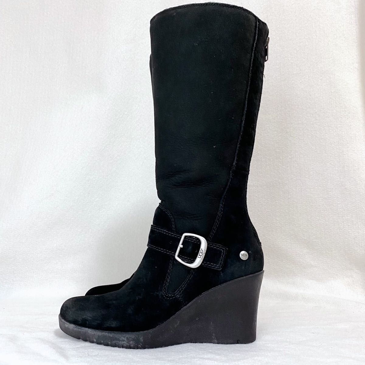 アグ UGG ムートン ロングブーツ 23 cm ボア ウェッジヒール バックル ロゴ