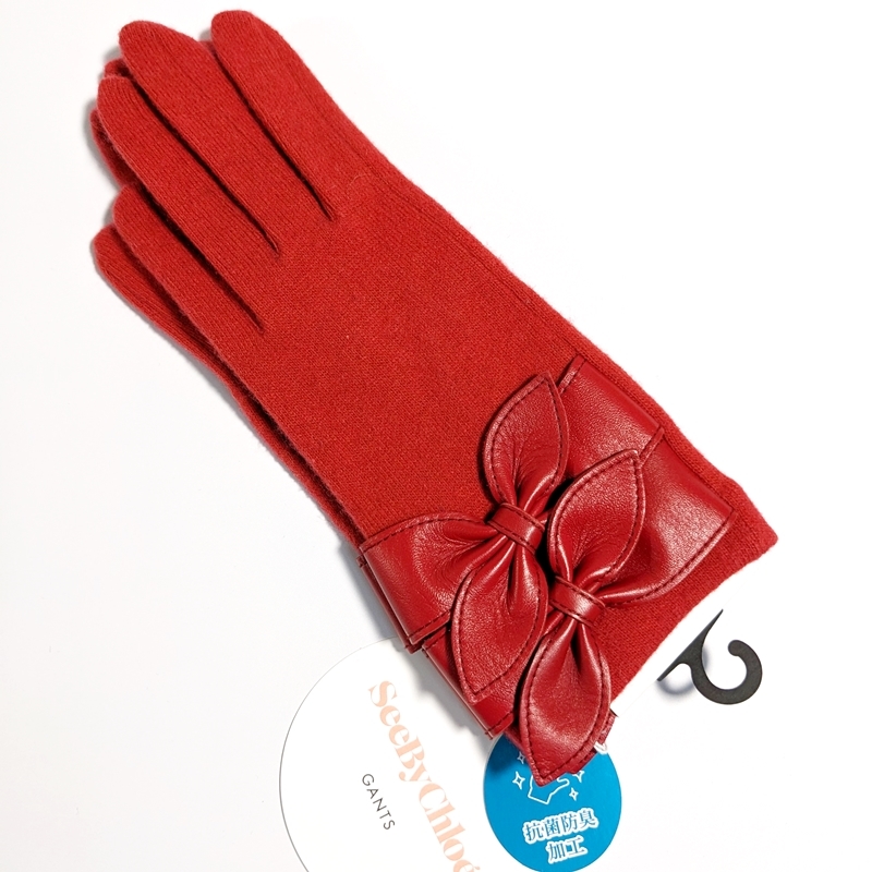 手袋　グローブ　赤　革リボン付　シーバイクロエ　SEE BY CHLOE_画像1