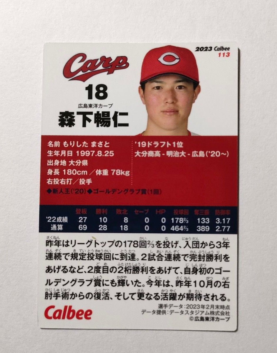 森下暢仁 広島 東洋 カープ プロ野球チップス カード 2023 第2弾 匿名