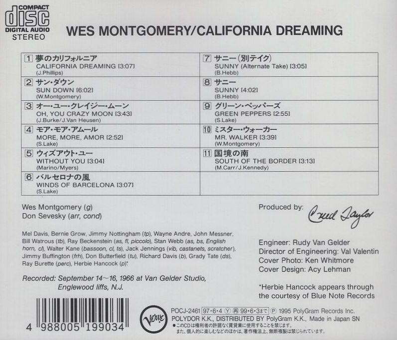 ウェス・モンゴメリー WES MONTGOMERY / 夢のカリフォルニア＋1 / 1997.06.04 / 1966年録音 / 24bit / VERVE / POCJ-2461_画像2