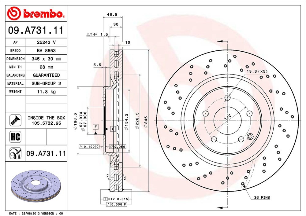 brembo ブレンボ ブレーキローター フロント用 メルセデスベンツ CLKクラス (C209) 209376 H15～ CLK55 AMG フロント:4POT_画像3