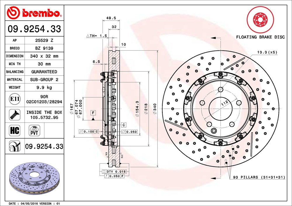 brembo フローティングローター フロント ベンツ CLKクラス (C209) 209376 H15～ CLK55 AMG フロント:6POT 340φ×32 ドリルドディスク_画像3