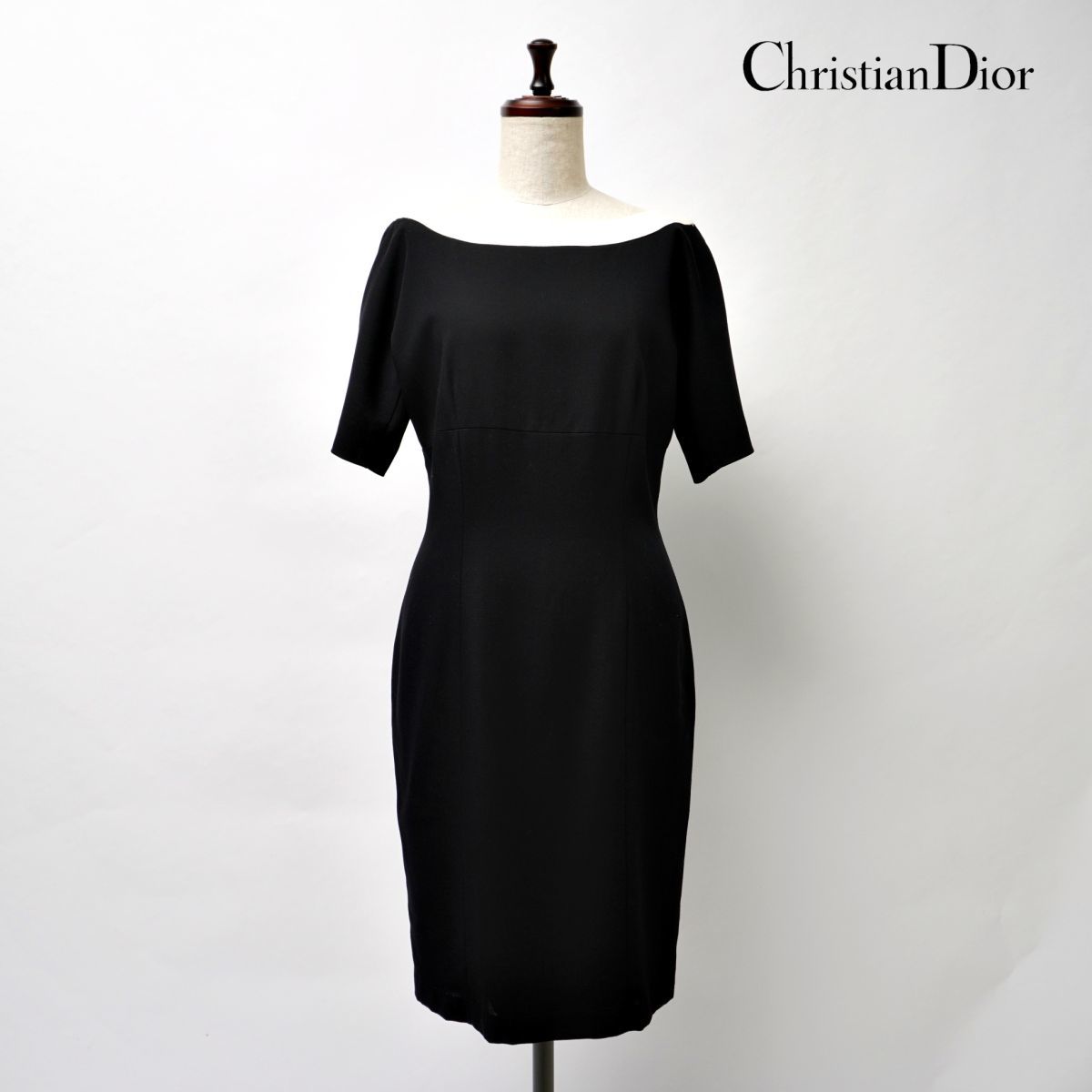 Christian Dior クリスチャンディオール ウール100% ボートネック 膝丈タイトワンピース レディース 黒 ブラック サイズ9*HC192_画像1