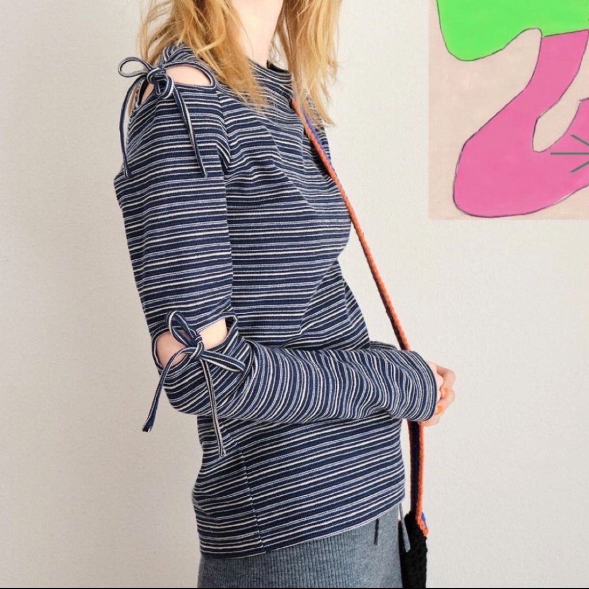 【Soduk】ribbon long t-shirt / navy