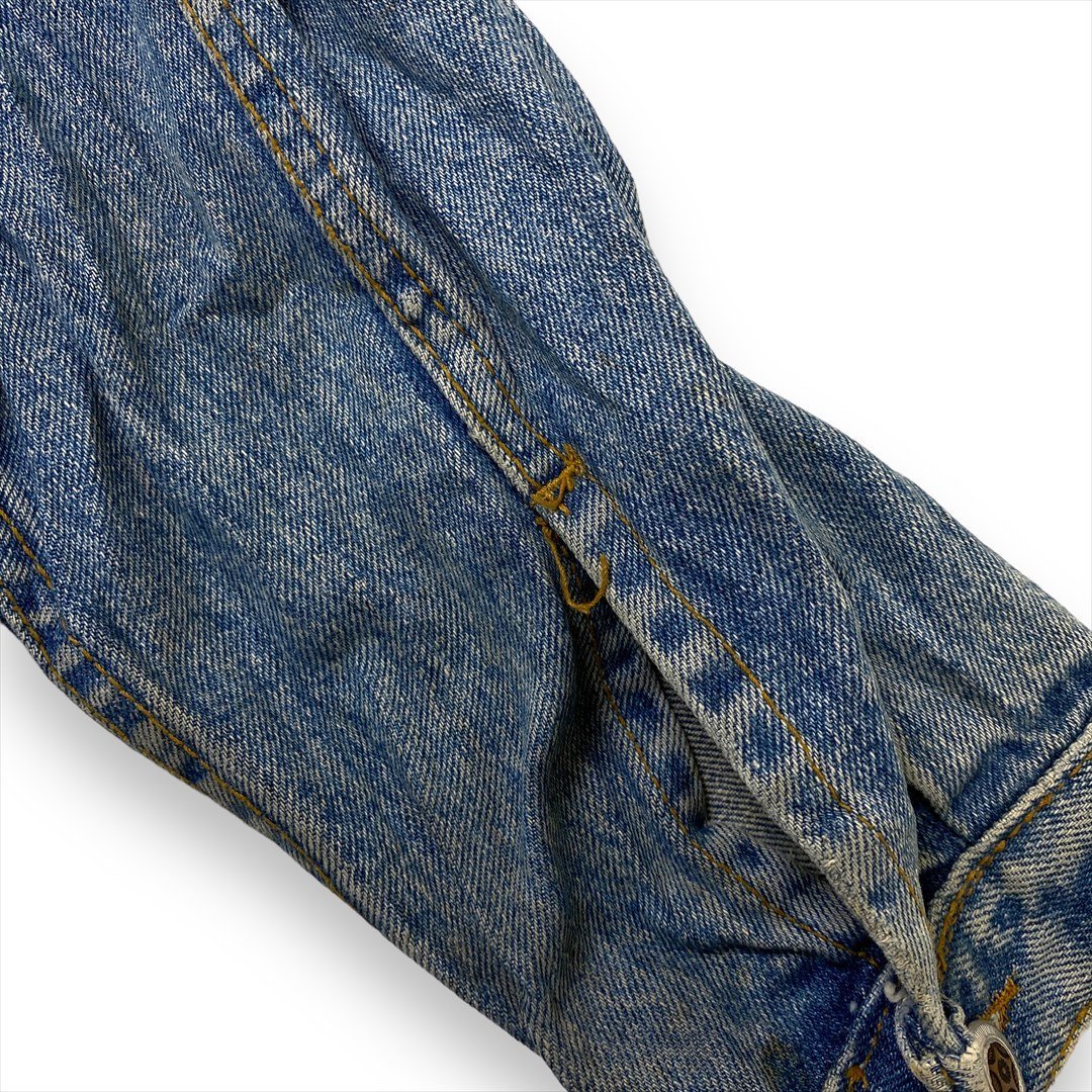デニム ジャケット ブルー 古着 メンズ S デニム ダメージ フラップポケット タックボタン カジュアルの画像4