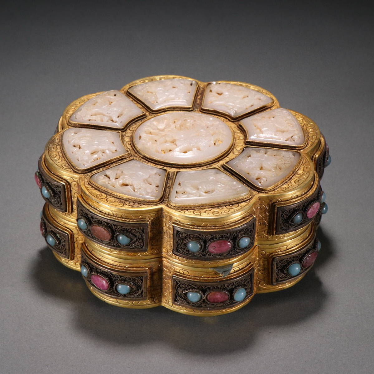 ◇明神◇極上珍品・中国・時代物・古銅金・嵌め玉松石花紋蓋盒・金水