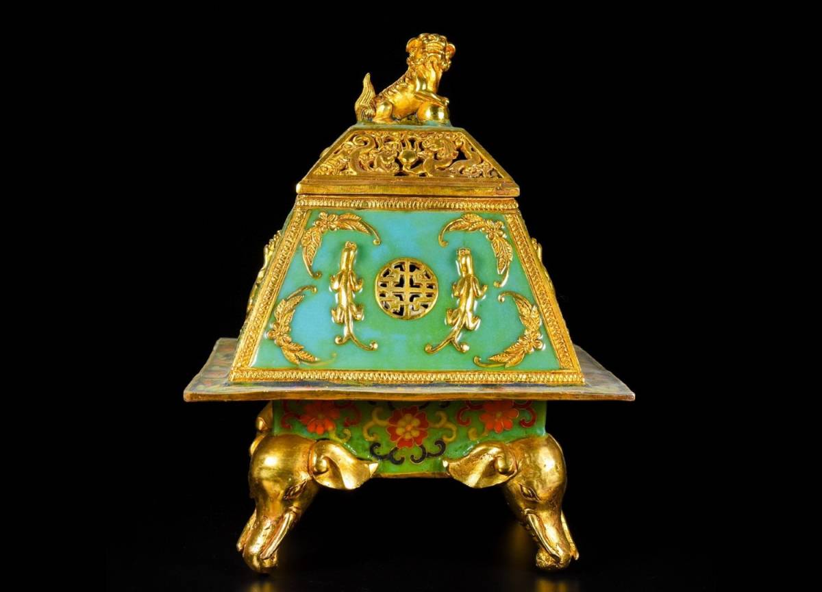 ◇明神◇極上珍品・中国・時代物・銅金景泰藍・瑞獣鈕四象足香薫炉