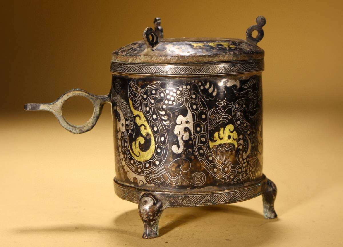 ◆明神◆極上珍品・中国・戦漢時代・青銅器・錯金銀龍紋杯・礼器・非常に良い状態・中国古 美術・古賞物・古董品