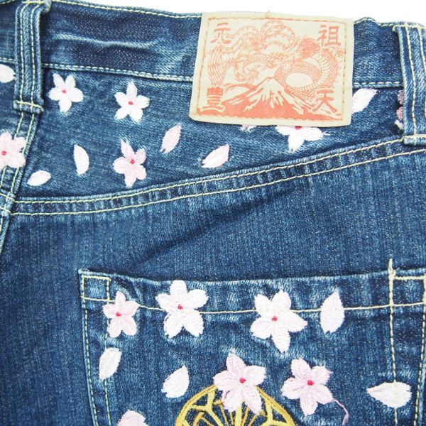 豊天商店 和柄 桜 金魚刺繍 カットオフデニムショーツ*デニムハーフパンツ(L)インディゴ_画像3