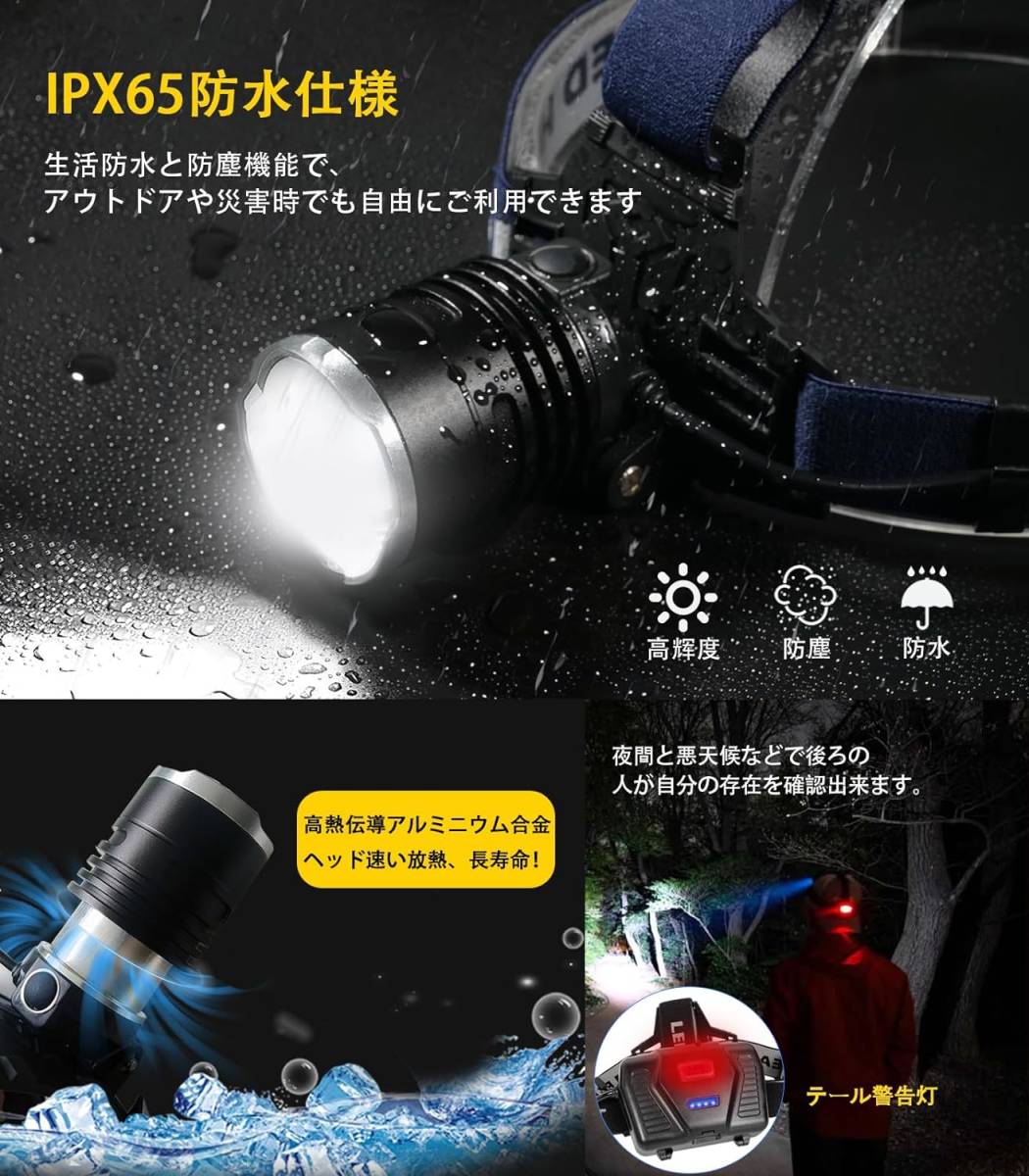 【2023進化高輝度 】LED ヘッドライト 充電式 CREE XHP199 100000ルーメン 超高輝度 ヘッドランプ 5点灯モード (3つの18650バッテリー)_画像5