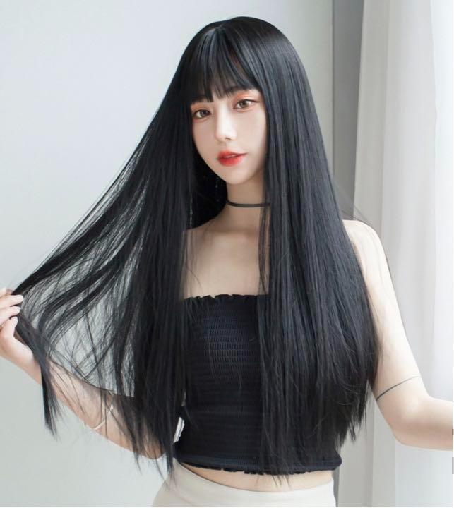 340　黒 ブラック フルウィッグ ロング 自然 耐熱 コスプレ 仮装　wig かつら　変装　女装　ストレートロング　韓国アイドル_画像2