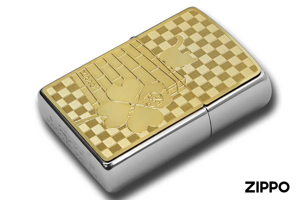 Zippo ジッポライター 200 Metal Gold Plate 真鍮板メタル ゴールドプレート 2MP-ネコと天道虫 GP メール便可_画像3