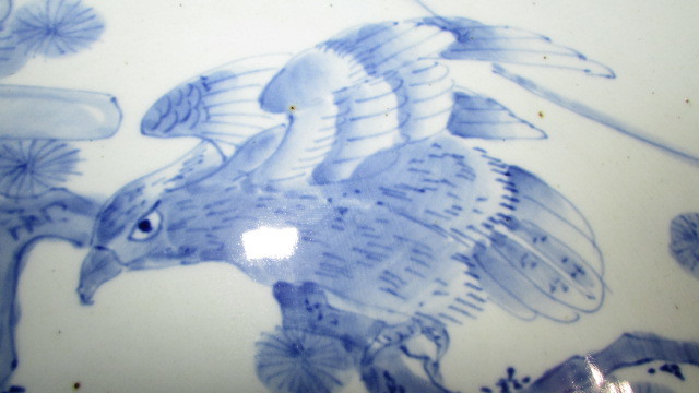 5000 иен скидка ( старый дом * поставка со склада )( Edo времена поздняя версия * старый Imari белый фарфор с синим рисунком большая тарелка *. сосна . гора Фудзи * ястреб узор )
