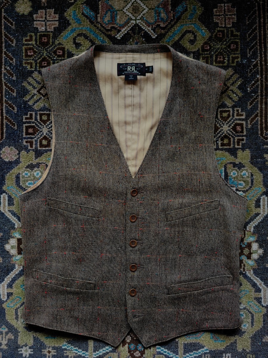 名作 RRL TWEED VEST ツイード ウエストコート ベスト コットン ウール カントリー チェック ストライプ VINTAGE 古着 80s 90s _画像1