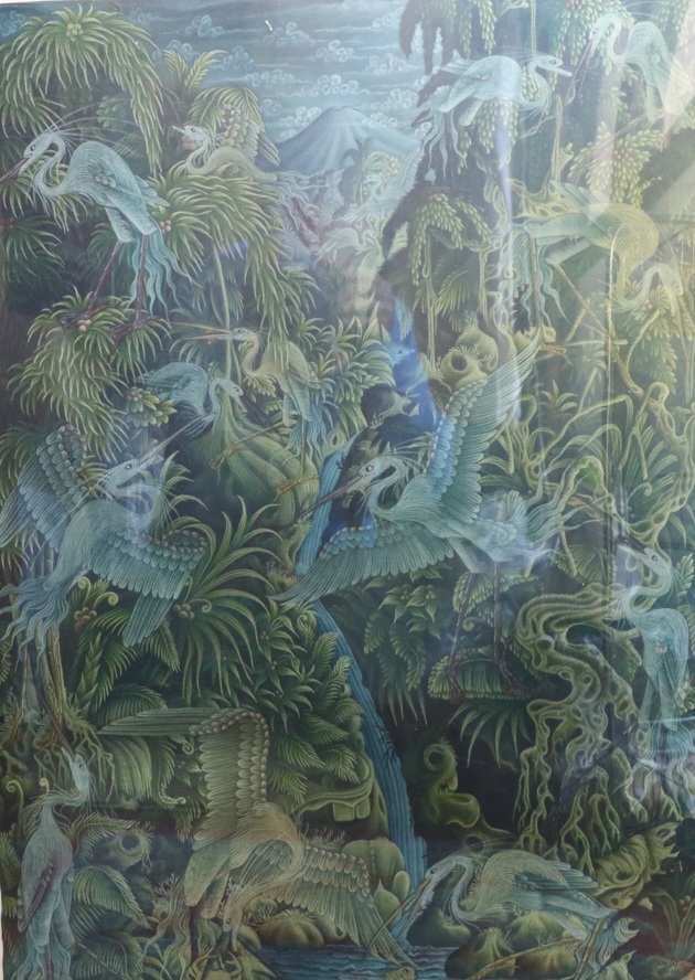 バリ島 クラシック 絵画 幽玄の山谷の滝 鶴乱舞 ヴィンテージ70年代 希少品_画像4