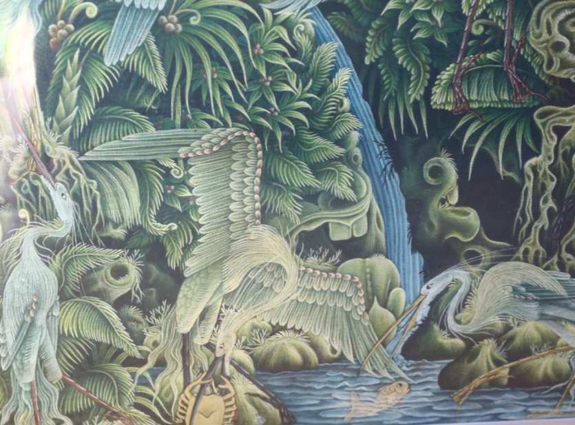 バリ島 クラシック 絵画 幽玄の山谷の滝 鶴乱舞 ヴィンテージ70年代 希少品_画像6