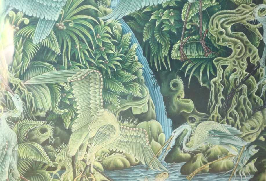 バリ島 クラシック 絵画 幽玄の山谷の滝 鶴乱舞 ヴィンテージ70年代 希少品_画像3