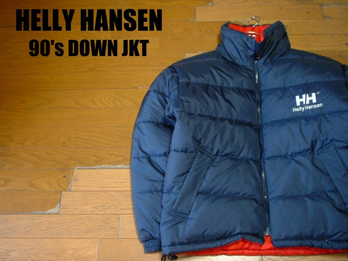 90sビンテージHELLY HANSENリバーシブルダウンジャケット美品L紺ネイビーx赤レッド正規ヘリーハンセンDOWN羽毛ストリートHIPHOPビッグロゴ_画像1