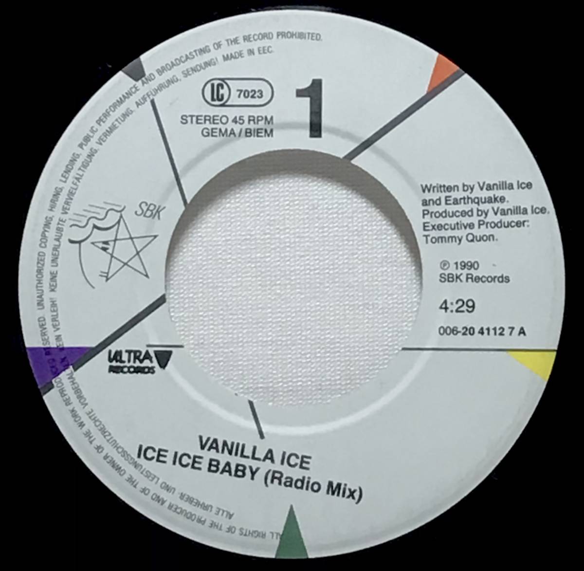 【欧州7】 VANILLA ICE / ICE ICE BABY ( QUEEN / UNDER PRESSURE ネタ ) 1990 EEC盤 7インチシングルレコード EP 45 試聴済_画像4
