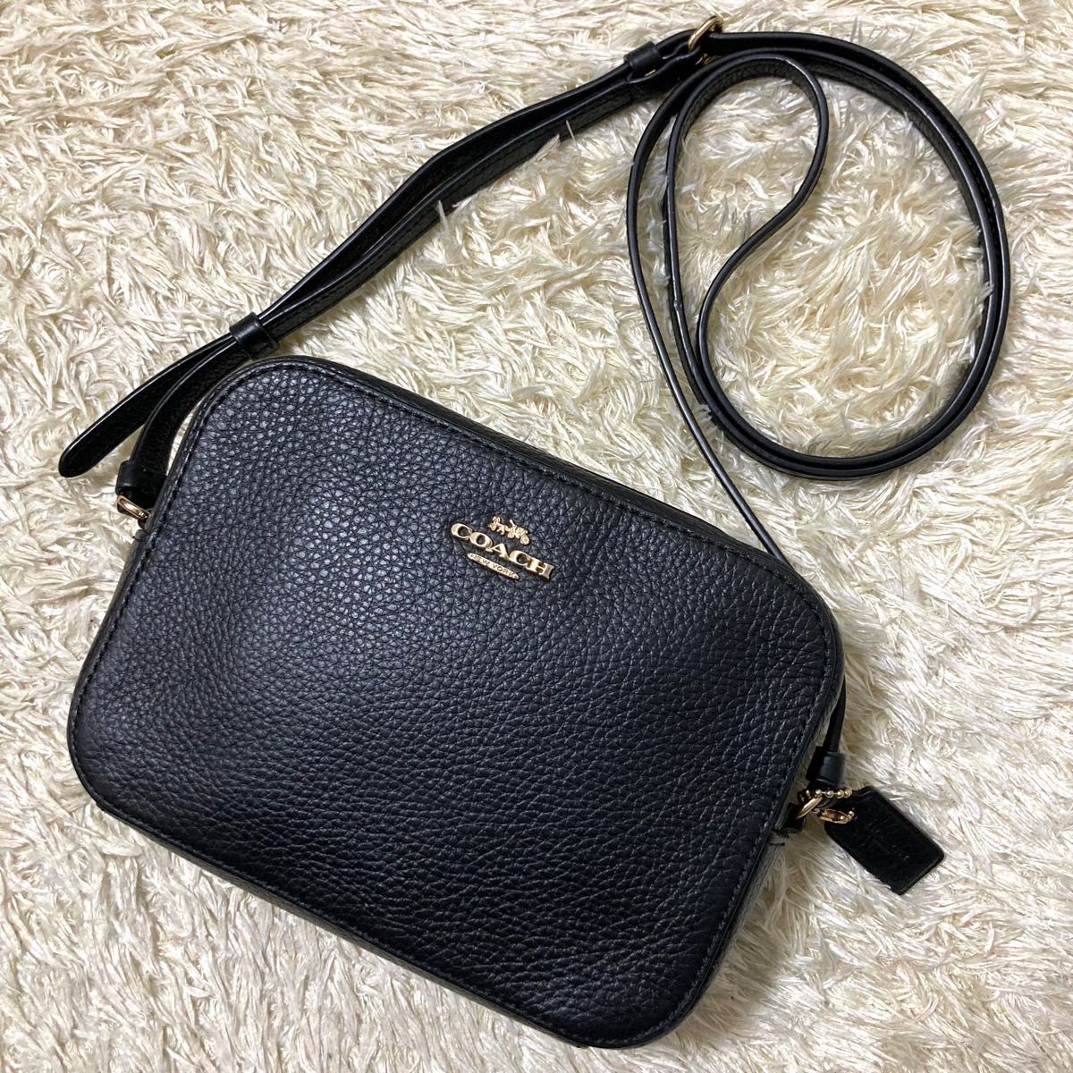 【極美品】COACH コーチ カメラバッグ　レザー 黒 シボ革 スクエア　ショルダーバッグ　大容量