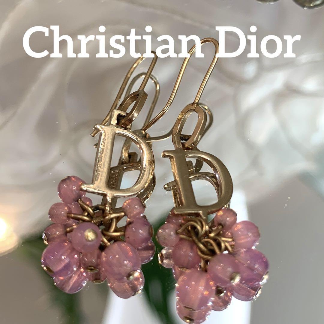 ☆美品☆Christian Dior ロゴチャーム ピアス ピンクストーン-