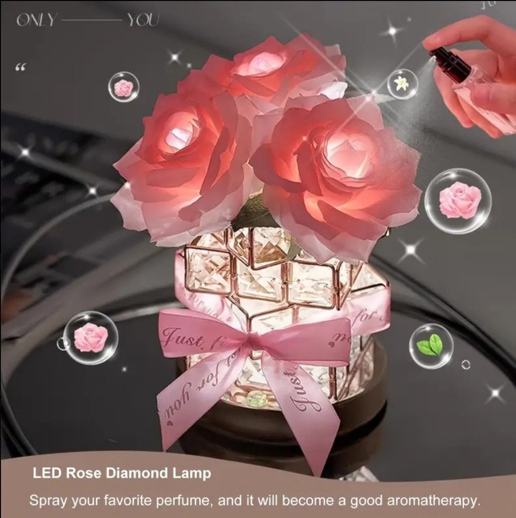 ローズクリスタルテーブルランプ、充電式コードレスクリスマスローズライト、3色の調光可能なLEDローズランプ(ピンク)