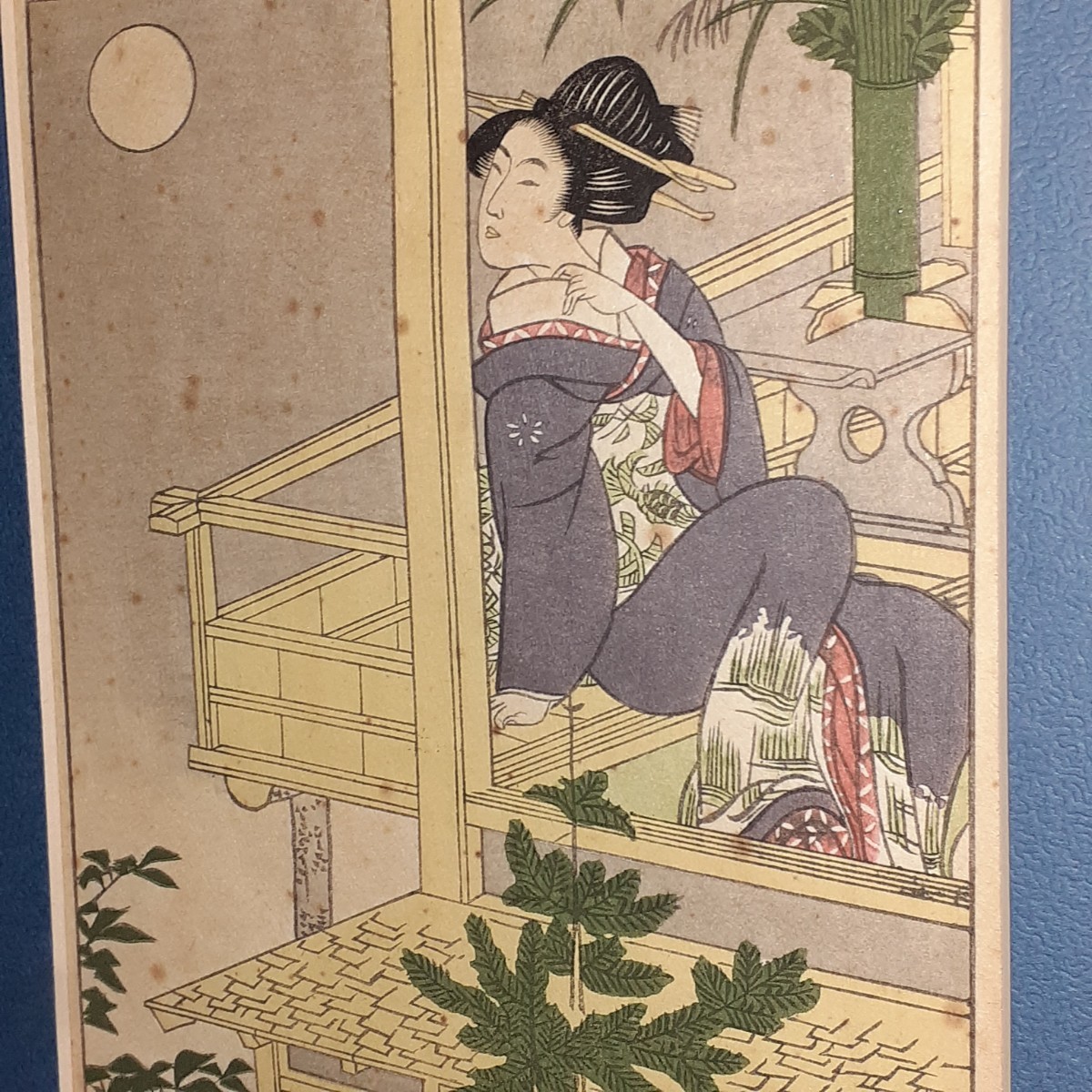 時代 版画 美人画 月見 約44 5cm×36 2cm×2 4cm 窓枠 約17 2cm 時代 版画 美人画 月見 約44 5cm×36 2cm×2 4cm 窓枠 約17 2cm
