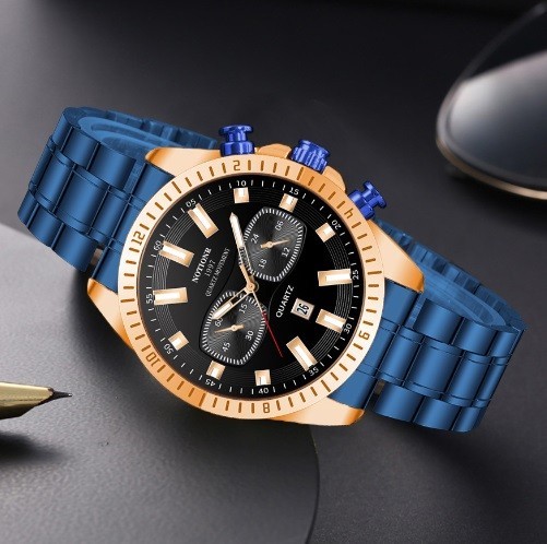 w291 ☆メンズ腕時計デイトビジネススーツビッグフェイスカジュアル電池式ブルー 高品質 腕時計 防水_画像2