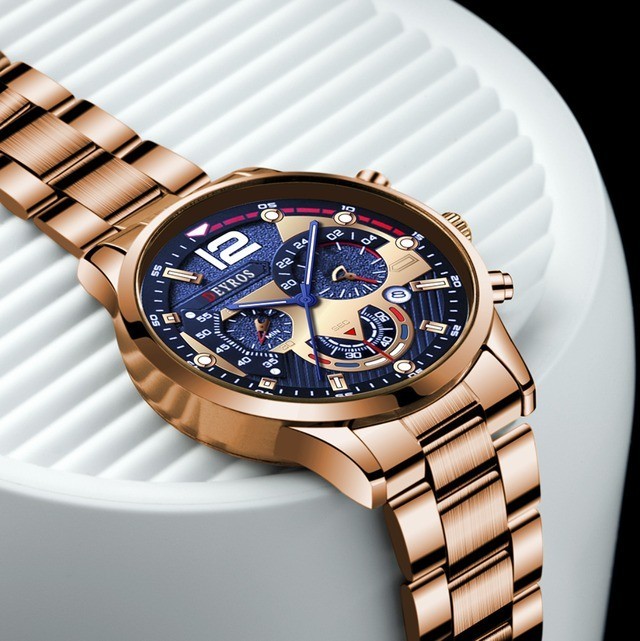 T429 新品 DEYROS クロノグラフ 腕時計メンズ ラグジュアリー ピンクゴールド アナログ_画像4