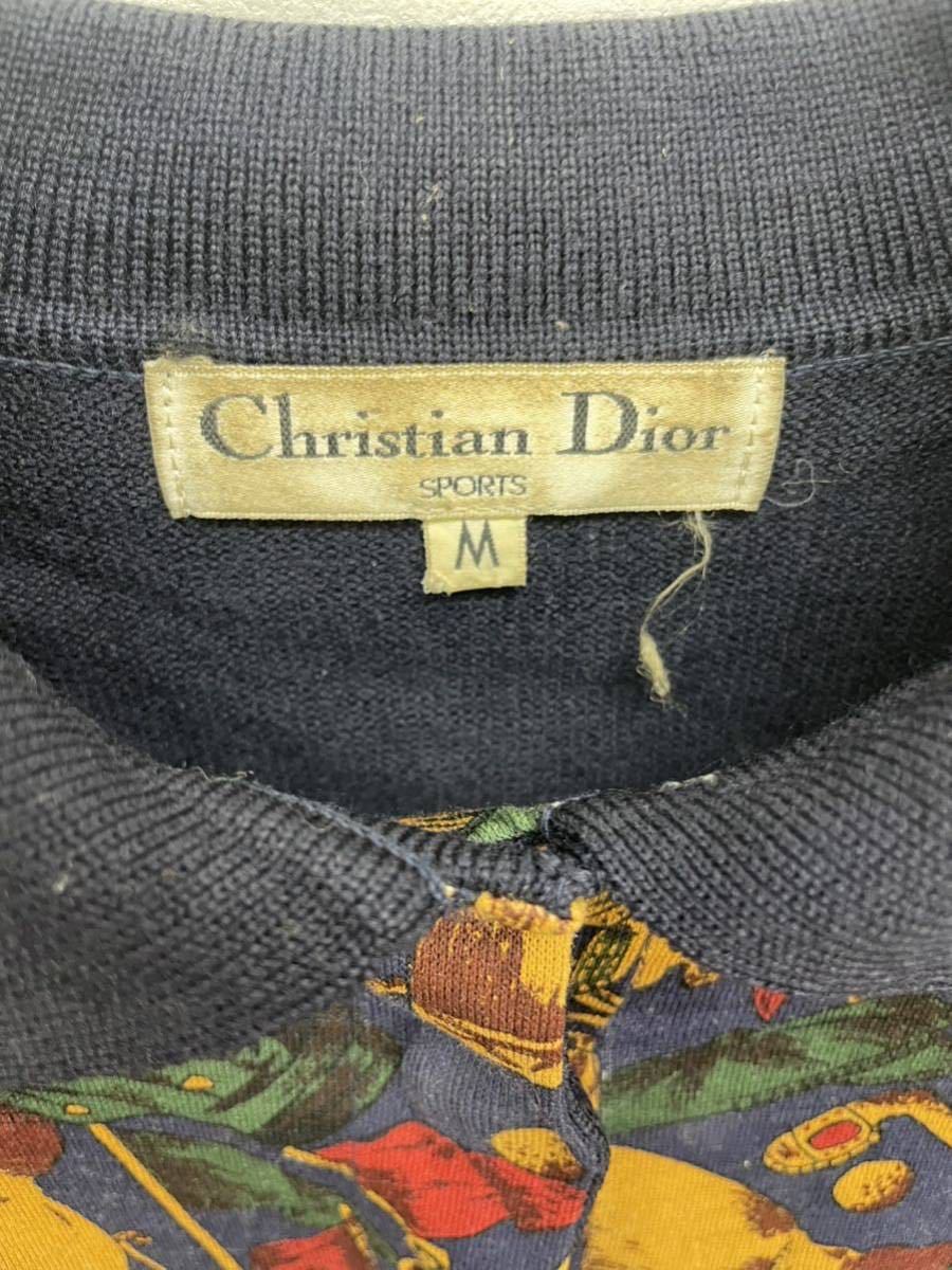 Vintage Christian Dior Vintage Christian Dior lady's navy knitted silk switch polo-shirt with long sleeves 
