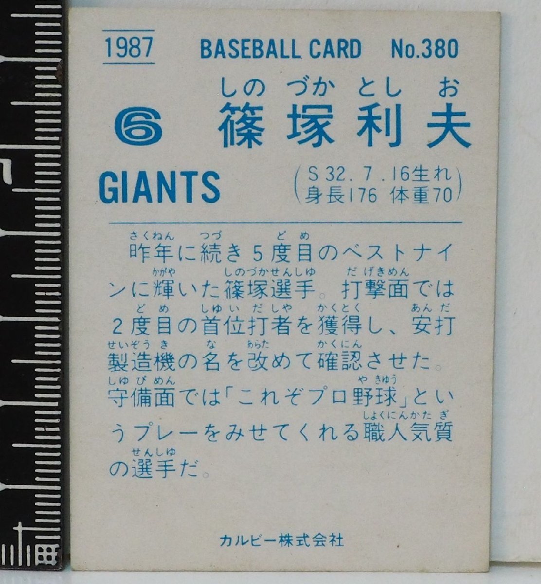 87年 カルビー プロ野球カード No.380金枠【好プレー 篠塚 利夫 読売ジャイアンツ巨人】昭和62年 1987年 当時物 Calbeeおまけ食玩【中古】_画像２