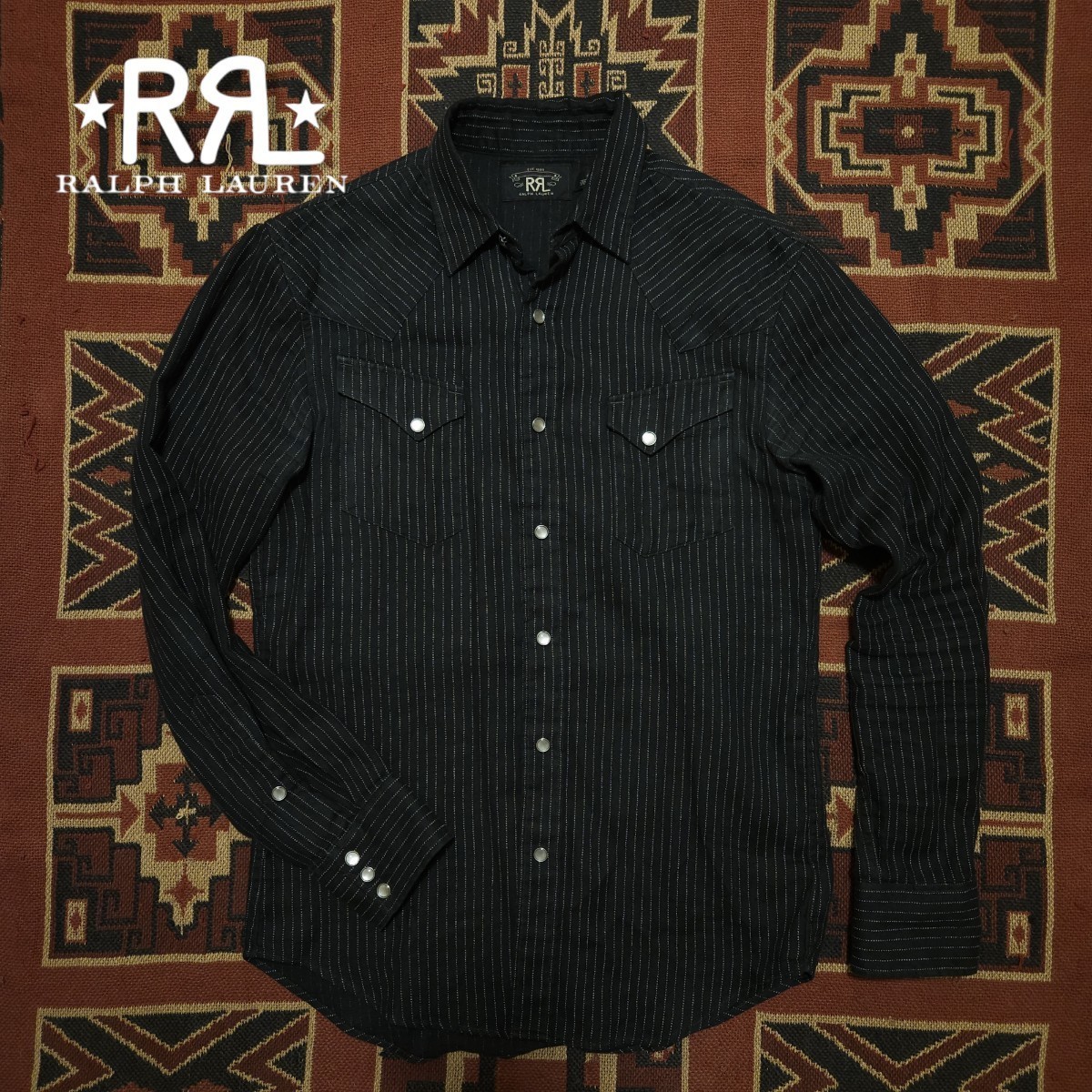 【希少】 RRL Black Wabash Stripe Shirt 【S】 ブラック ウォバッシュ ストライプ シャツ 漆黒 コンチョ 総柄 ウエスタン Ralph Lauren_画像1