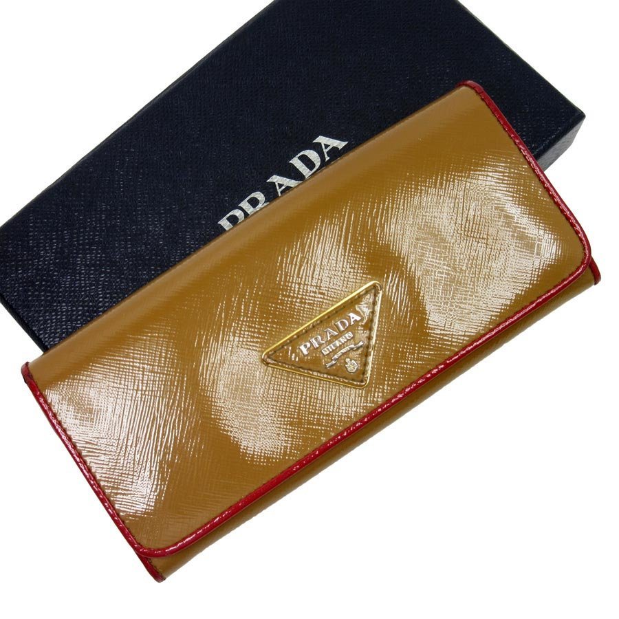 ５５％以上節約 プラダ PRADA t10757 ベージュ×レッド PVCコーティングキャンバス 二つ折り長財布 女性用財布