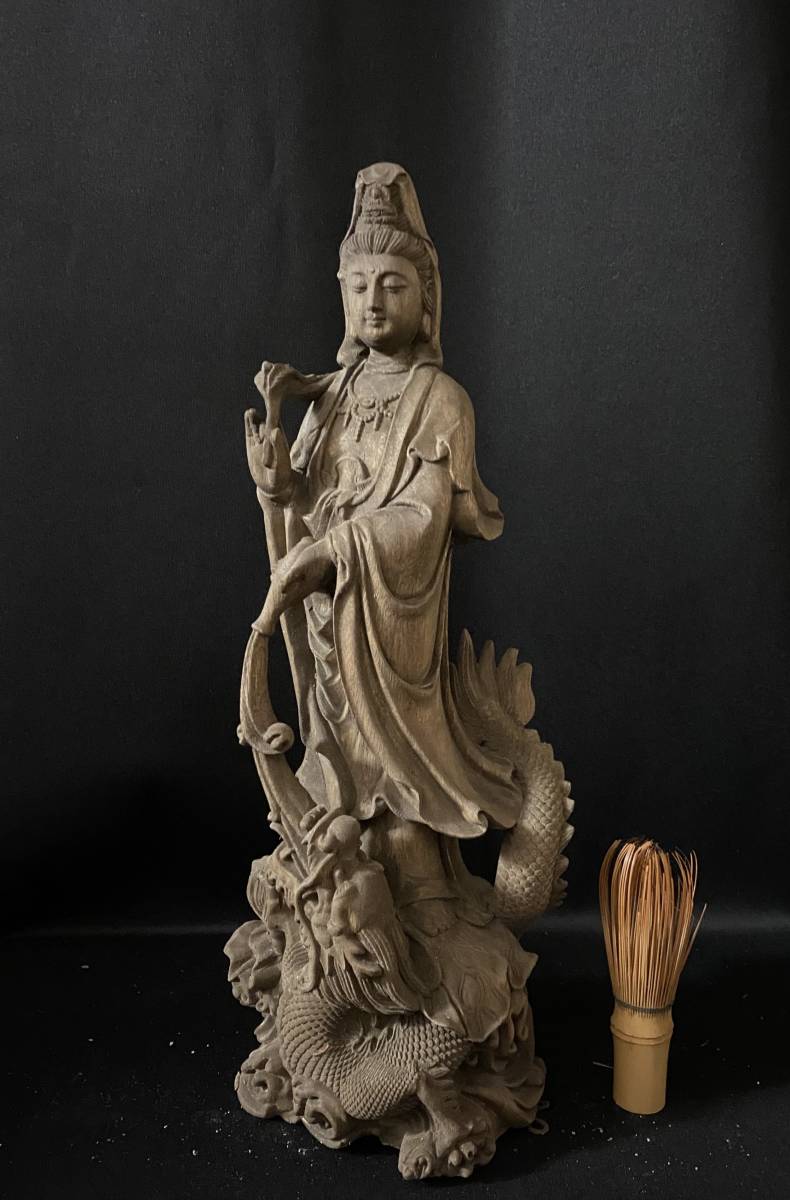 総楠材 高36cm 仏教工芸品 時代彫刻 木彫仏教 仏師で仕上げ品 龍上観音