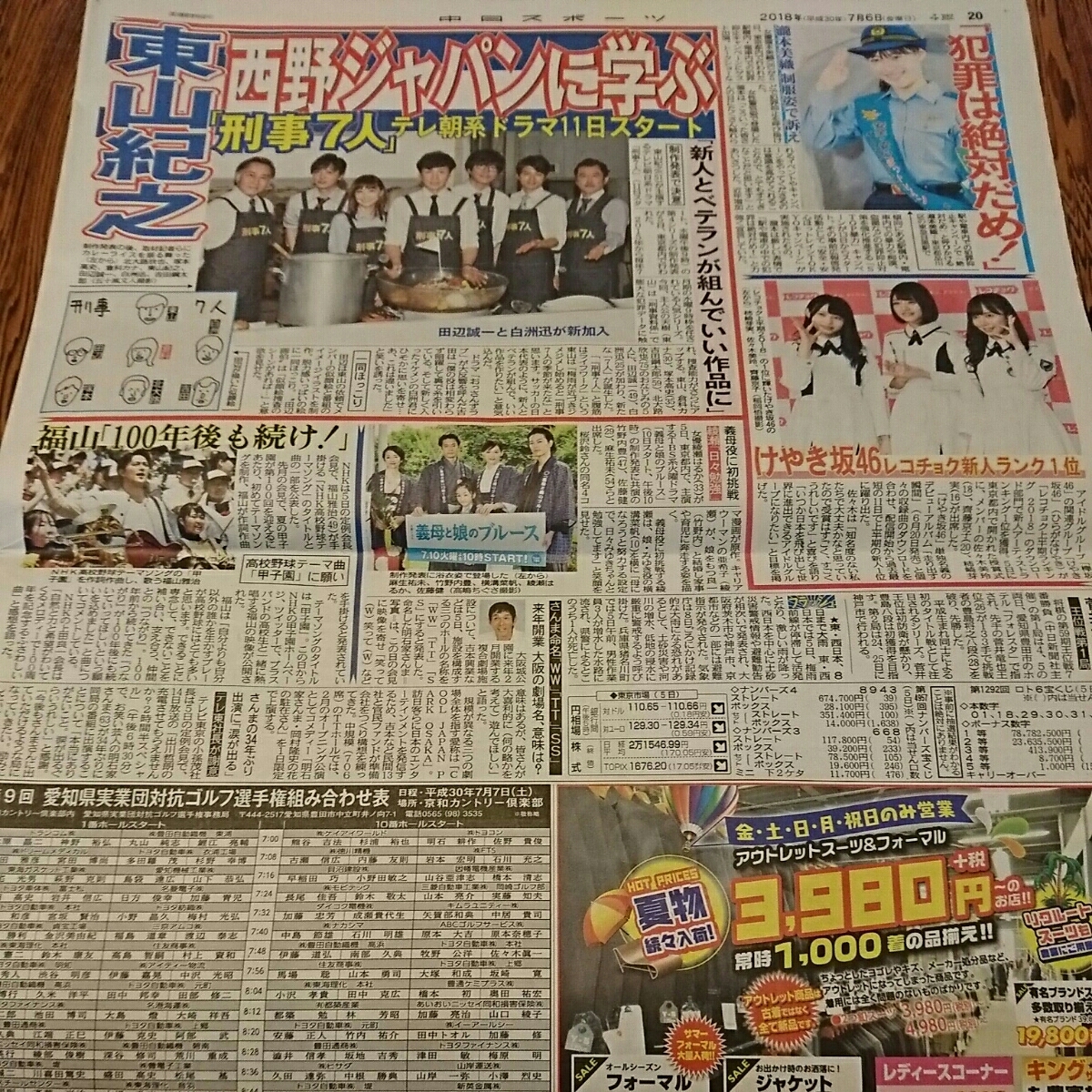 2018.7/6新聞記事 東山紀之吉田綱太郎田辺誠一倉科カナ瀧本美織福山雅治綾瀬はるか竹野内豊佐藤健柿崎芽実佐々木美玲齊藤京子_画像1